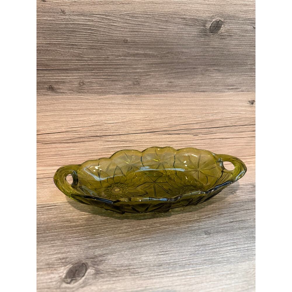 VTG Green Indiana Glass Bowl Dish Oval w/ handles Avocado Relish MCM Boho Decor - Picture 2 of 6